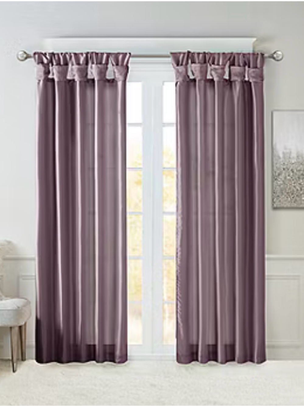 Madison Park Satin Emilia Purple Twist Tab Lined Window Curtain Panel 50” x 95”